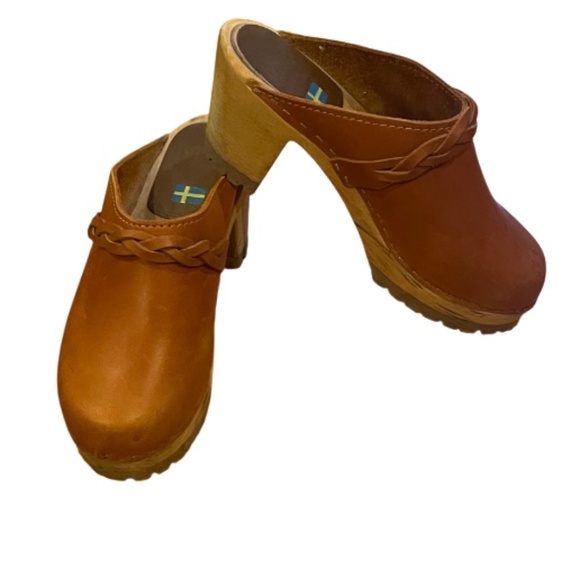 MIA Tan brown Swedish clogs  braided mid high heel 37 7 - Picture 2 of 6